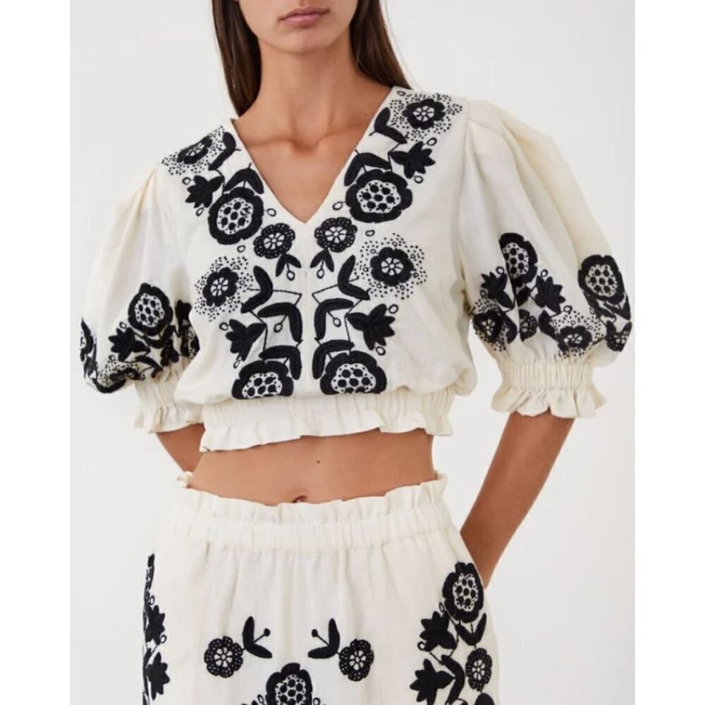 Sea New York Manuela Linen Blend Embroidery V Neck Puff Sleeve Top Cream Size L